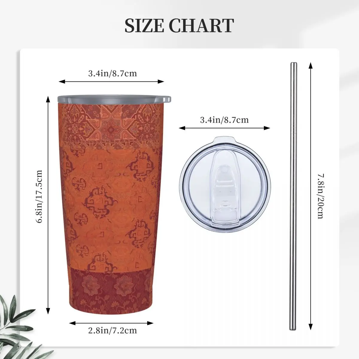 Vintage Bohemian Quilt In Burnt Orange Stainless Steel Tumbler Vacuum Insulated Mug Thermal Cold Cup Straws With Lid 20oz