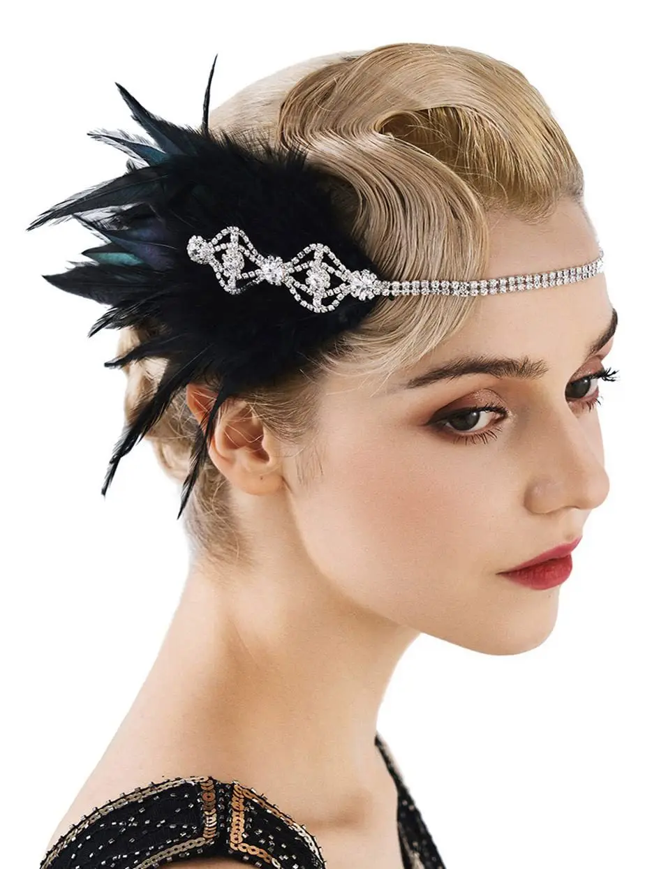 

1920 Flapper Girl Feather Headband Vintage Party Hair Accessories with Rhinestone Showgirl Headpiece for Women Bride