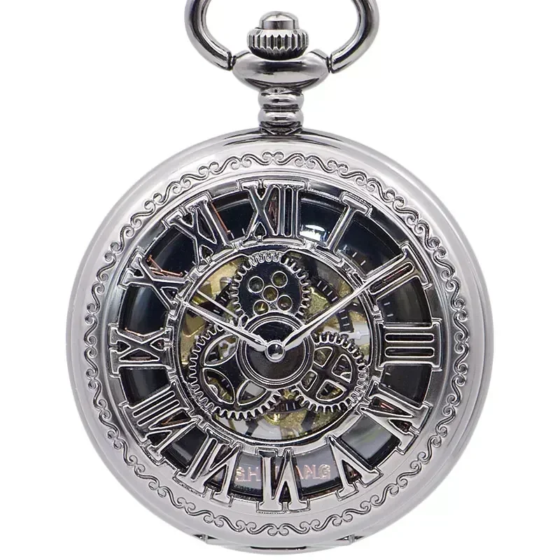 New Fashion Wind Up Automatic Mechanical Pocket Watches Vintage Skeleton Gear Roman Numbers Case Best Gift for Men Women PJX1406