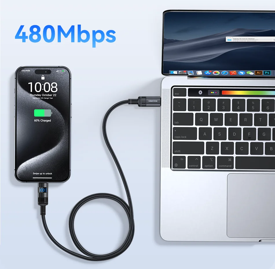 Rocoren 100 W USB-Typ-C-Kabel mit Digitalanzeige 5 A PD3.1 Schnelllade-Typ-C-Kabel für MacBook iPhone 16 15 Pro Samsung Xiaomi – Detail 15