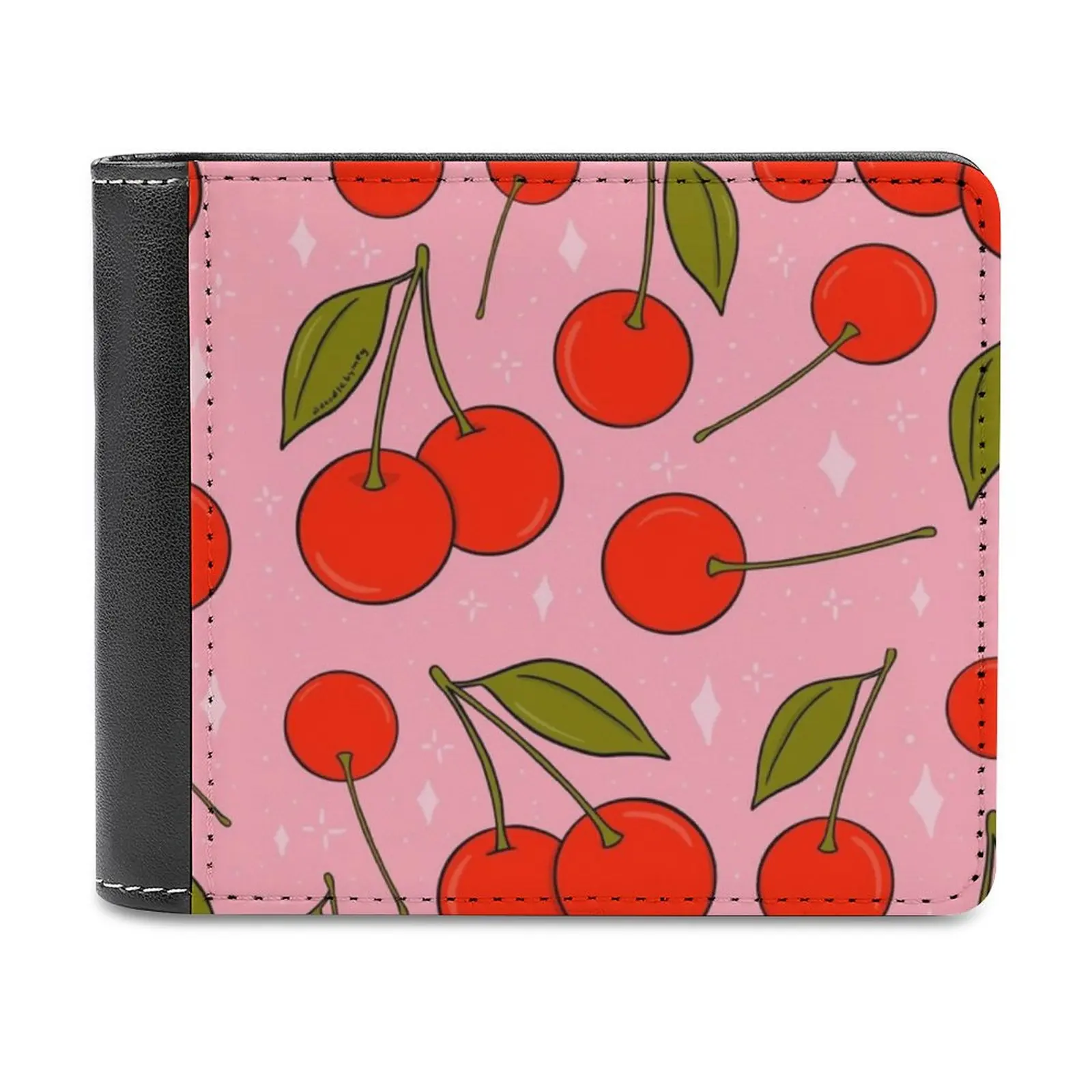 

Cherries On Top Leather Wallet Men's Wallet Purse Money Clips Cherry Cherries Fruit Food Pattern Pink Red Green Cute Sparkle