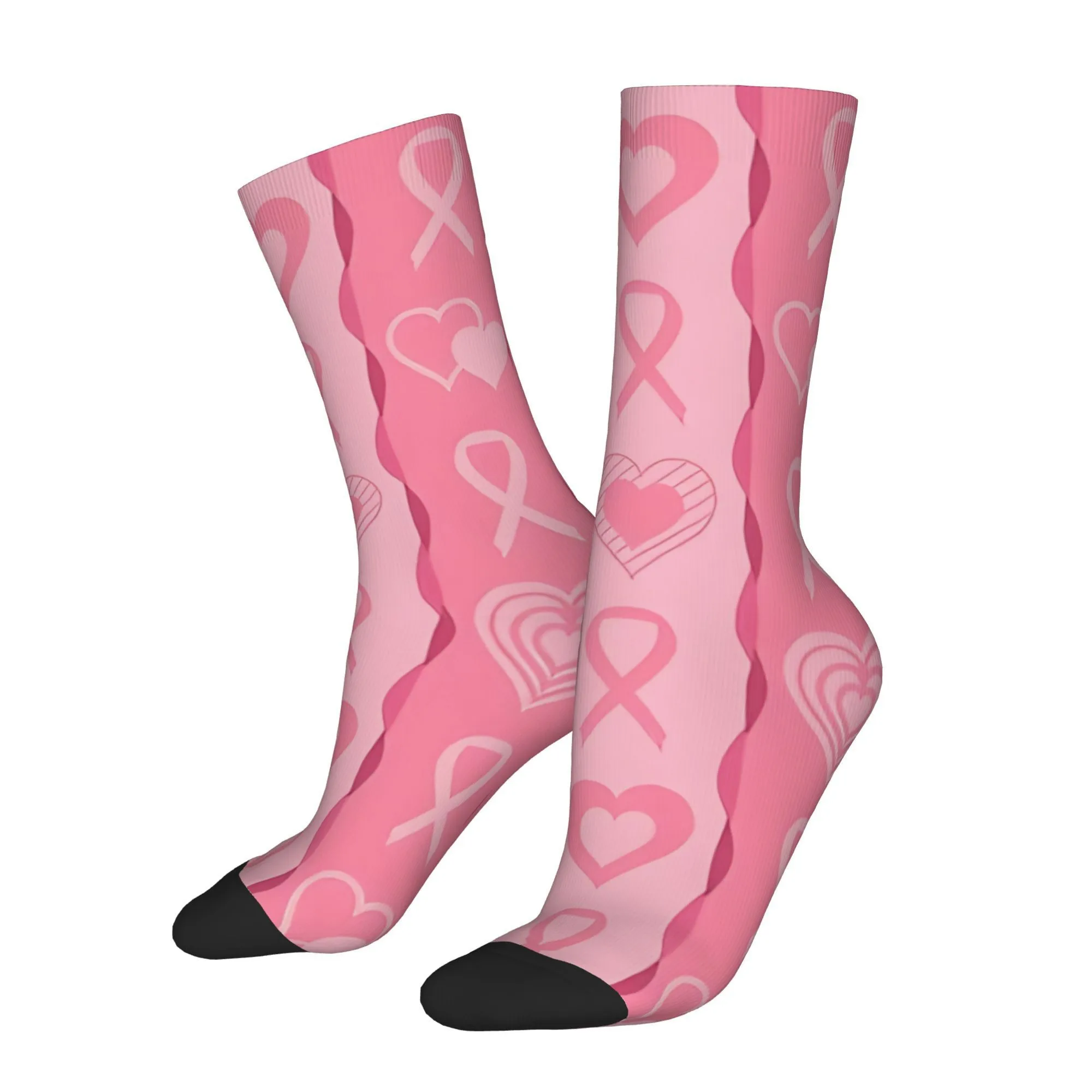 Breast Cancer Awareness Pink Ribbon Heart Pattern Crew Socks 1 Pair Novelty Daily Wear Gift for Men