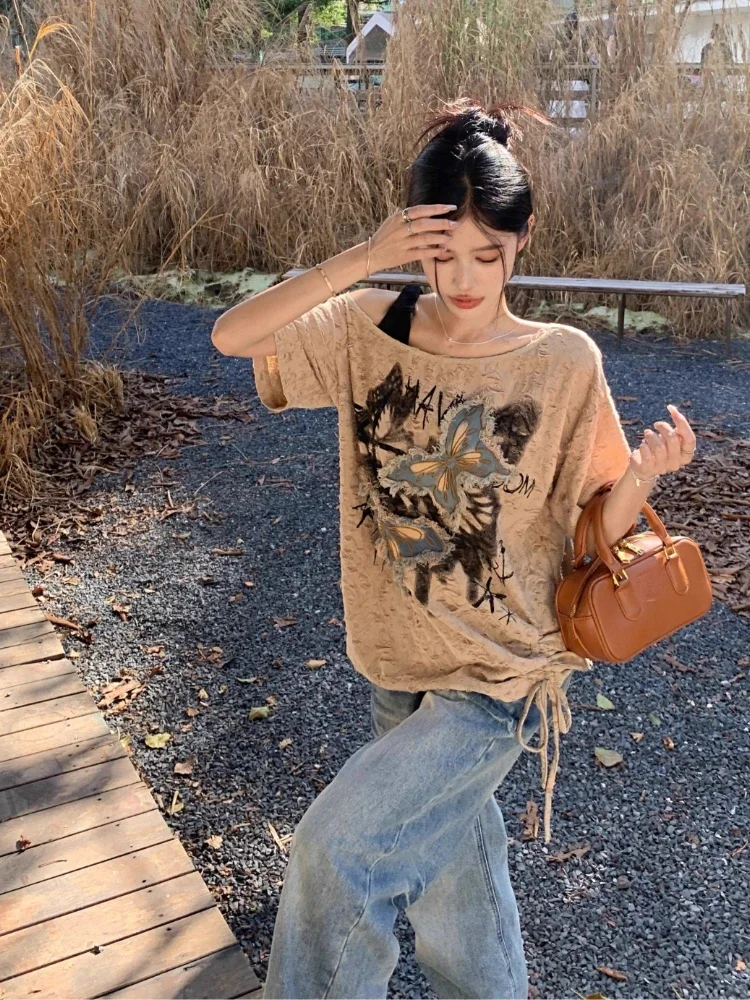 Camiseta larga holgada con bordado para mujer, camisetas coreanas elegantes con hombros descubiertos, muchas ropa, ropa de calle, Tops Kpop para mujer