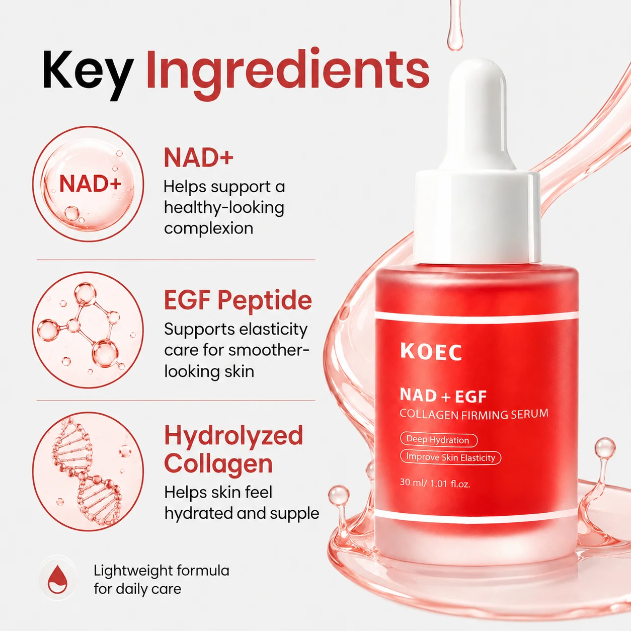 KOEC NAD EGF Collagen Firming Serum for Face | NAD Peptide Boosting Serum with EGF Peptide & Collagen - Pore Care, Supports Elasticity, Hydrated & Smooth Skin, Korean Skincare, 30ml