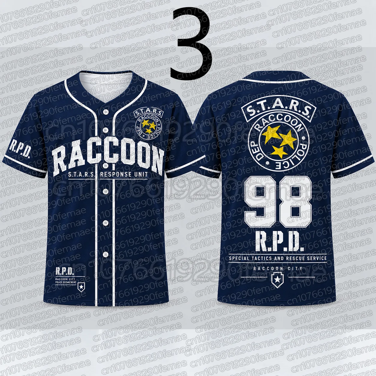 2026 New T-Shirt Resident Evil S.T.A.R.S. Raccoon City No.98 Baseball Jersey Women Men Black Short Sleeve Button Down Gaming Top