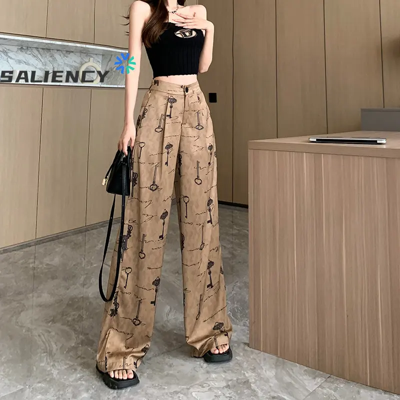 

2023 Spring and Summer Printed Satin Casual Ankle-Length Pants Women High Waist Korean Straight Baggy Trousers