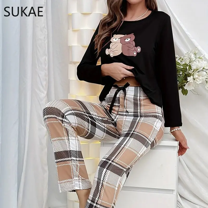 SUKAE HOT Spring Autumn Women Pajamas Set Long Sleeves Full Pants Pijama Milk Silk Sleepwear Leisure Loungewear Girls Nightwear