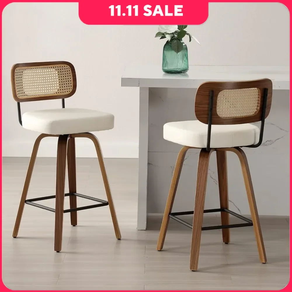 

Bar Stools Set of 2, 26" Seat Height, Swivel Counter Height, Upholstered Faux Leather Barstools with Rattan Back, Bar Chairs