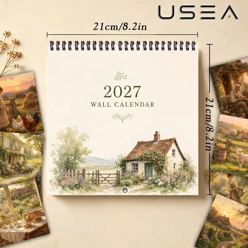 2027 Wall Calendar,Yearly Organizer & Monthly Planner with Habit Tracker,Rustic Watercolor Cottage Style,Christmas New Year Gift