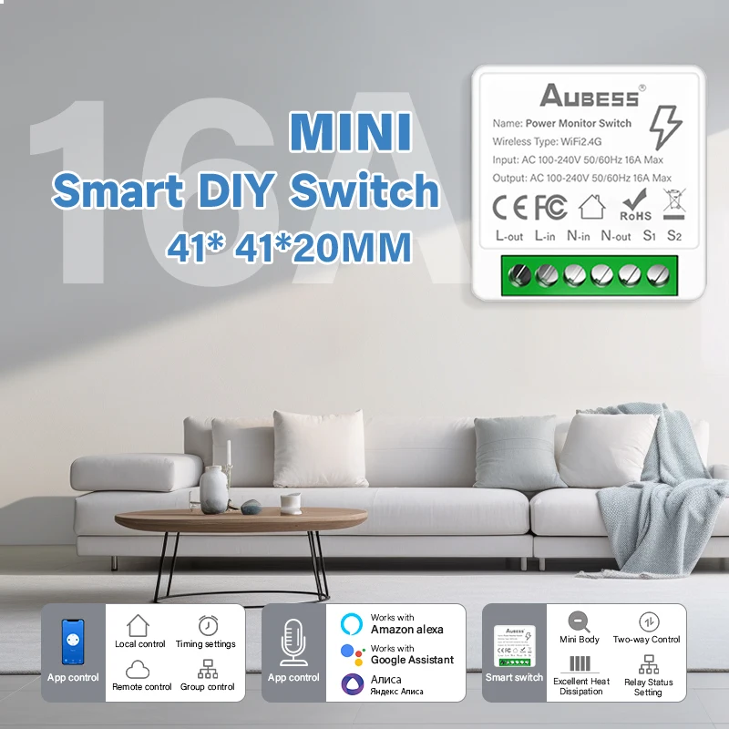 Aubess Tuya WiFi Smart Switch DIY Mini Smart Breaker 16A with Power Monitoring Support Timing Voice Control Alexa Google Home