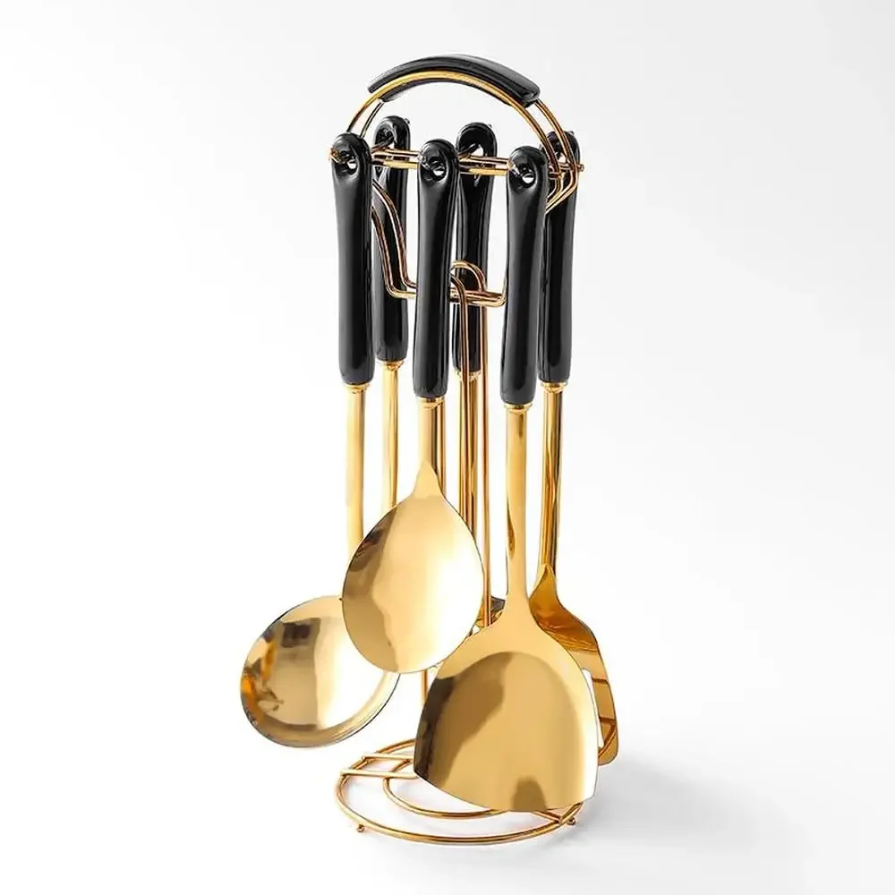 

Stainless Steel Cooking Utensil Set Soup Ladle Spatula Strainer Spoon Pasta Server Black Gold Rack