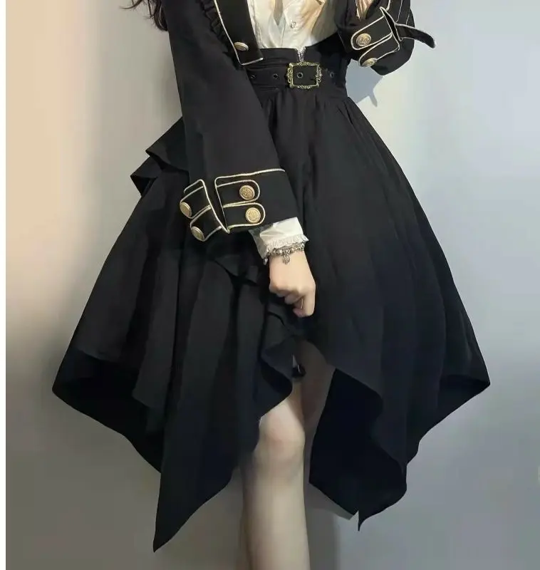 Japan Girl's Handsome Military Uniform Lolita Style Black Short Coat + Stand Collar White Shirt + Irregular Hem Mid-Length Skirt