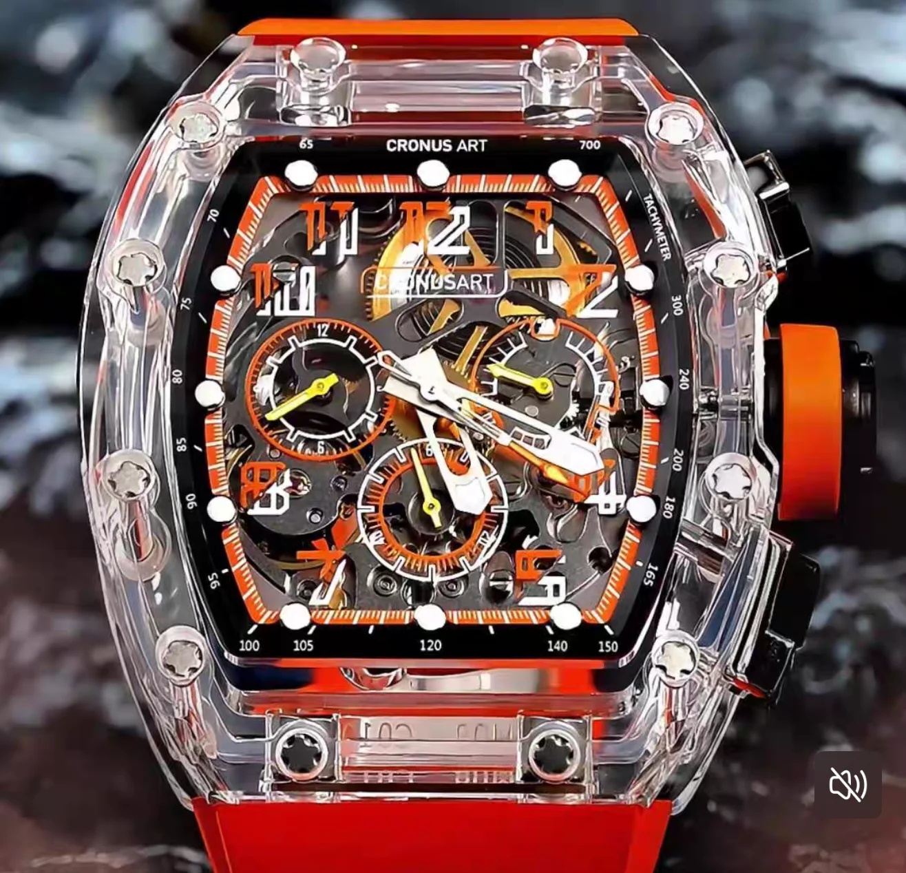 CRONUSART Men Chronograph Watch Tonneau Mechanical Wristwatch Sapphire Case & Mirror Waterproof Luminous Skeleton Dial FKM Strap