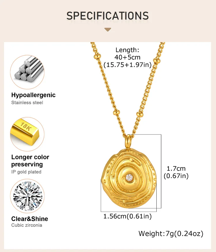 Halskette mit strukturierter Scheibenanhänger, goldfarbene Edelstahlkette mit Perlen, Kristallakzent für saisonale Boutique-Käufe – Detail 3