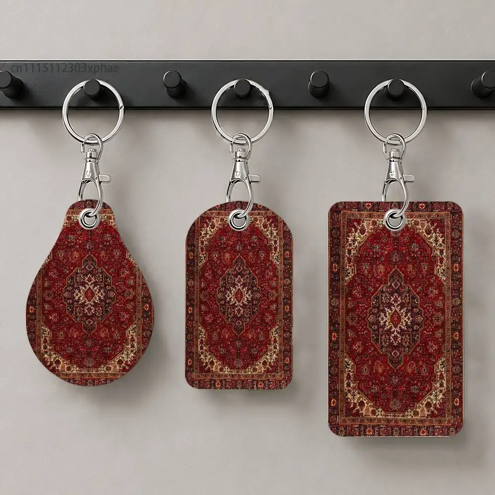 Persian Rug Carpet Floral Pattern Leather Keychain Card Holder for Airtag & Access Cards Modern Bus Pass