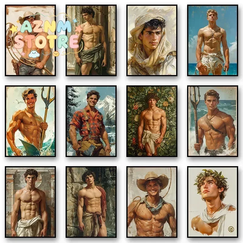 Vintage Muscular Male on The Beach Greek God Portrait Posters and Prints Canvas Printing Wall Art Picture for Living Room Dec