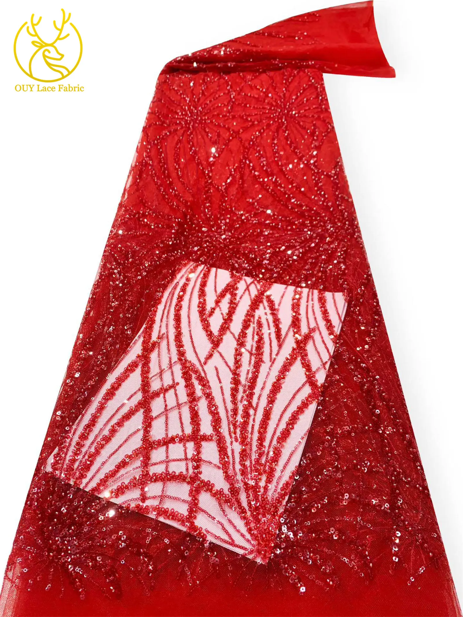 Grüner afrikanischer Perlen-Pailletten-Spitzenstoff, heiß begehrter französischer nigerianischer Tüll-Mesh-Stickerei-Spitzenstoff für Abendkleider – Detail 3