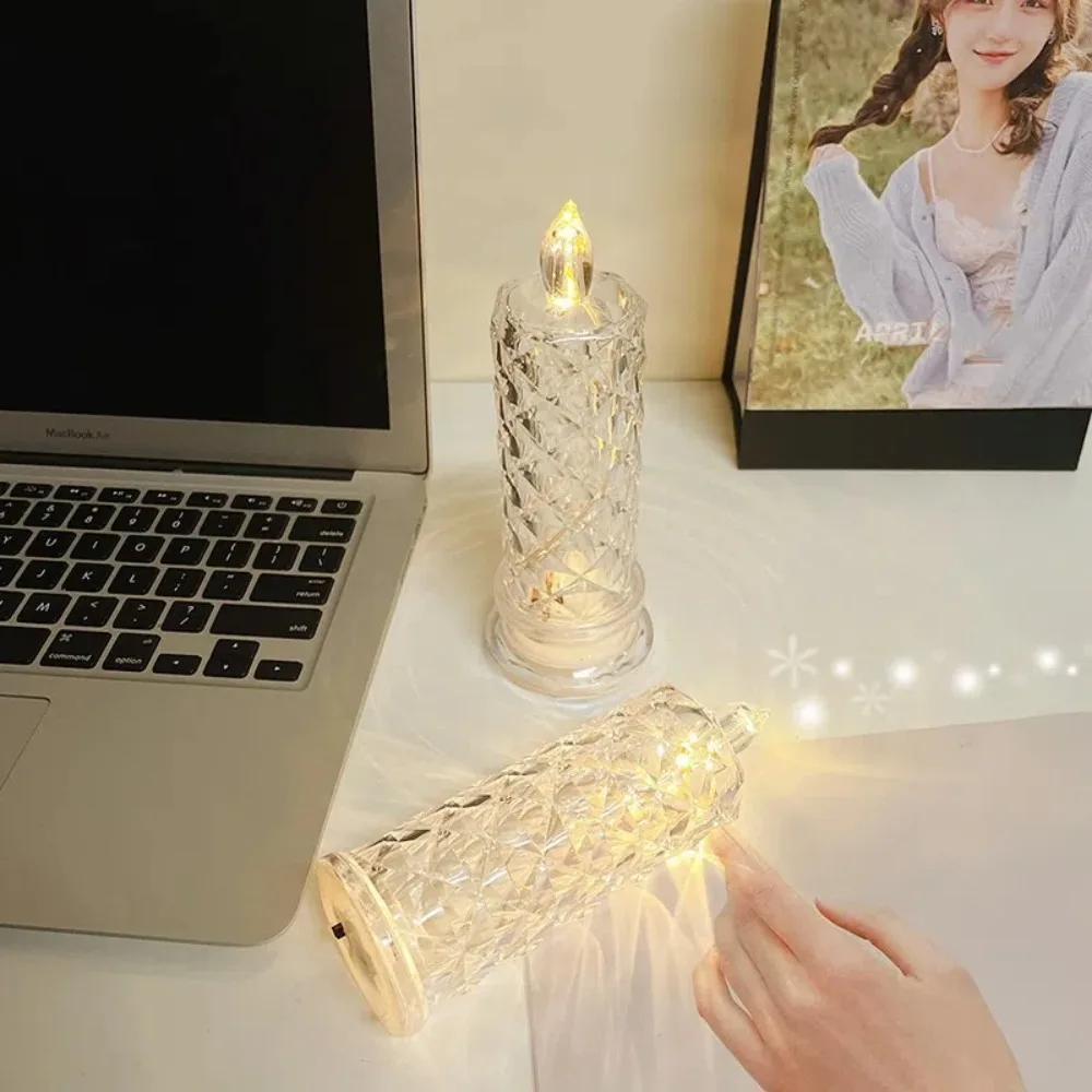 3D Simulation Led Candle Light Halo Crystal Rose Diamond Lamp Atmosphere Lighting Flameless Christmas Decoration Home Birthday