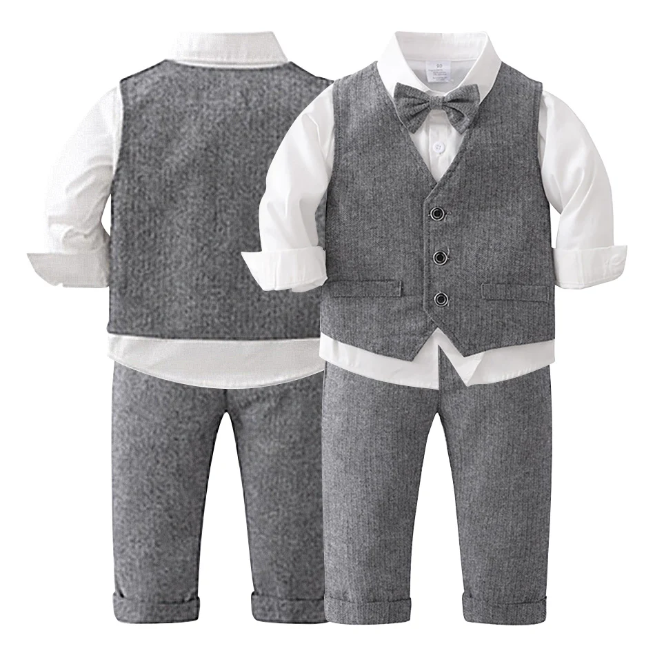 Boys Spring and Autumn Long Sleeve Formal English Gentleman Style Backband Pants Three Pieces Sets Suitable Multiple Occasions