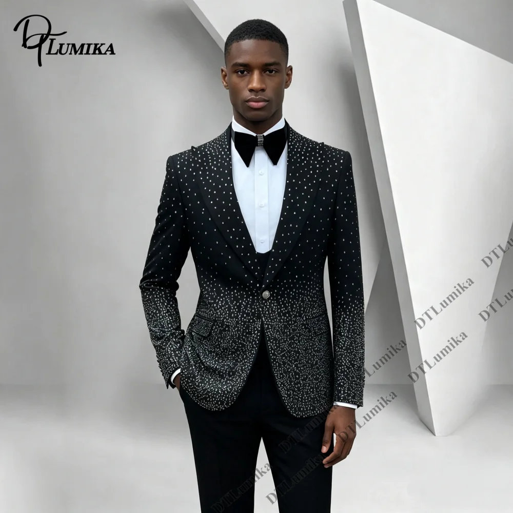 Men's 3 Piece Suit Black Gradient Rhinestone Shawl Lapel Slim Fit Tuxedo Wedding Prom Party Groom Blazer Vest Pants Set XS-3XL