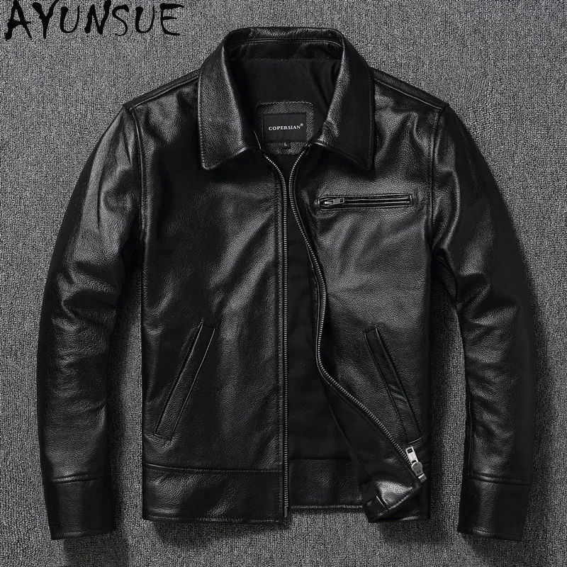 AYUNSUE Mens Leather Jacket Cowhide Spring Autumn Men Clothing Short Motorcycle Jackets Size S-6XL Slim Fit Coat Vestes Hommes