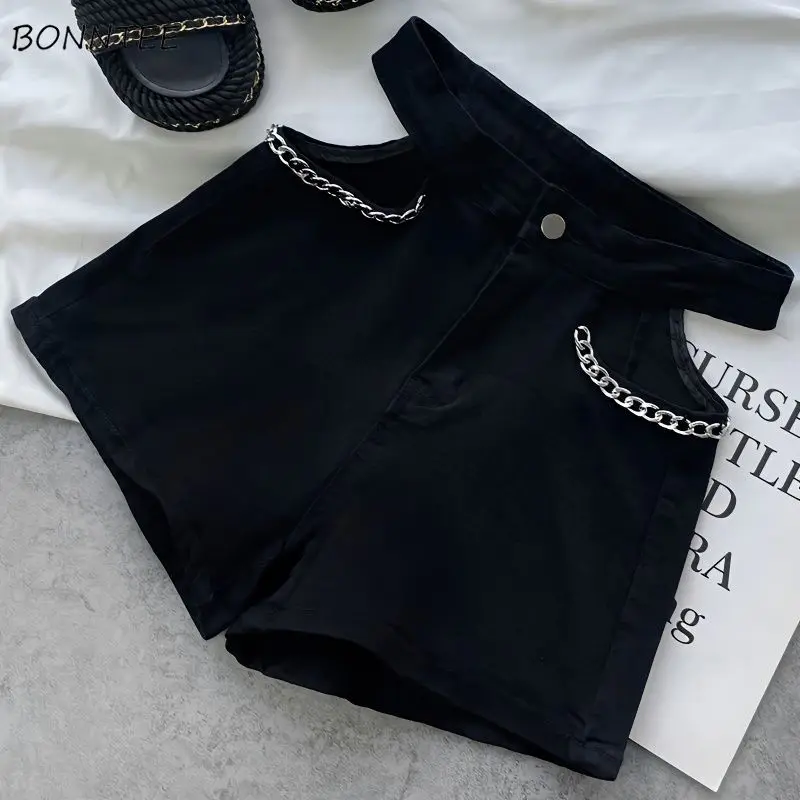 

Sexy Hollow Out Chain Shorts Women Denim Black High Waist Skinny Hip Wrap Korean Style Spicy Girls Vintage All-match Stylish 3XL