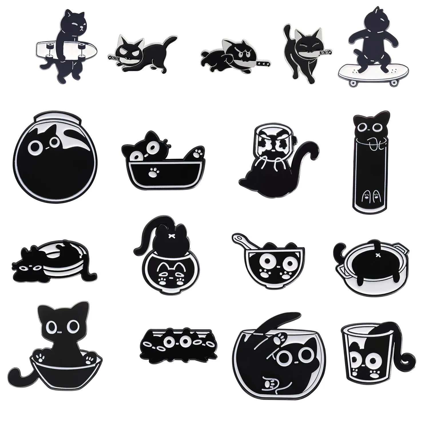 

Creative Black Cat Metal Brooch Glass Bowl Cat Water Cup Fish Tank Rose Skateboard Cute Black Cat Badge Punk Pins Jewelry