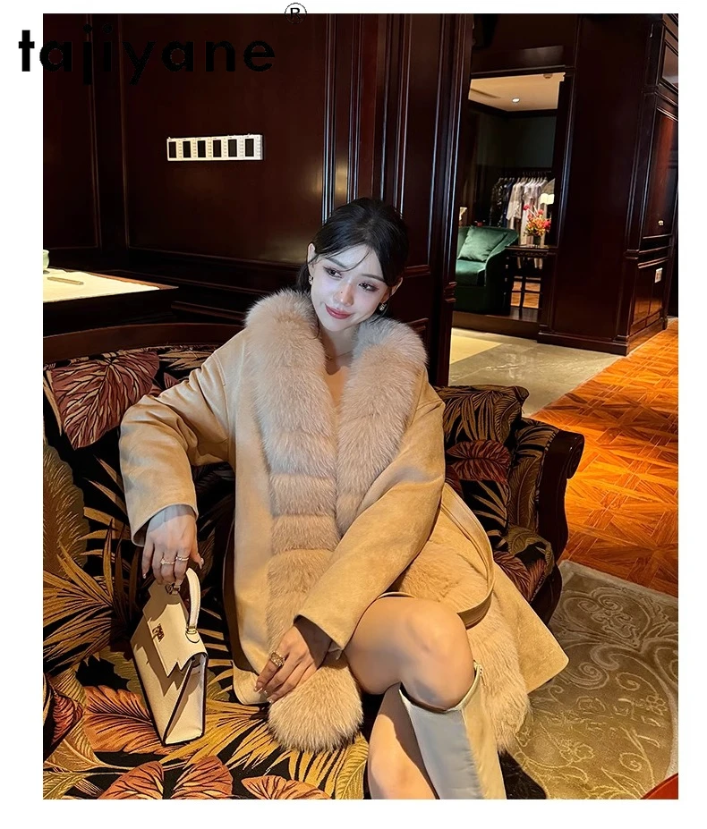 เสื้อโค้ทขนห่านสีขาวสำหรับผู้หญิง TAJIYANE แจ็คเก็ตขนสัตว์หรูหราสำหรับผู้หญิง เสื้อโค้ทหนังกลับอุ่นๆ เสื้อผ้าฤดูหนาวปี 2025 สำหรับผู้หญิง куртка женская