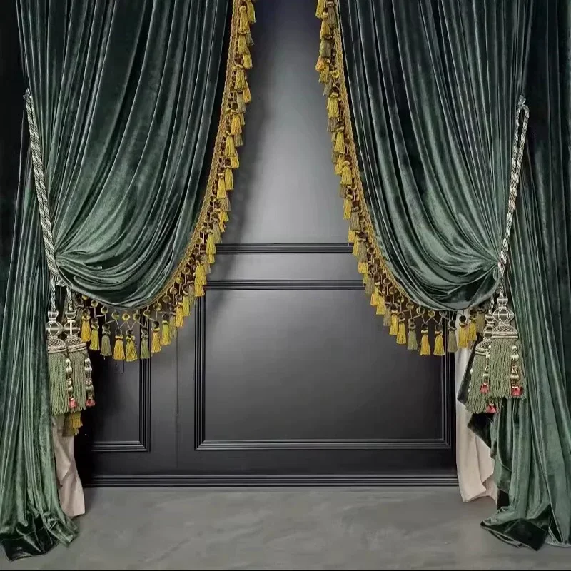 European Luxury Retro Dark Green Velvet Thickened Blackout Curtains for Living Room Bedroom French Villa Decor Custom Tassels