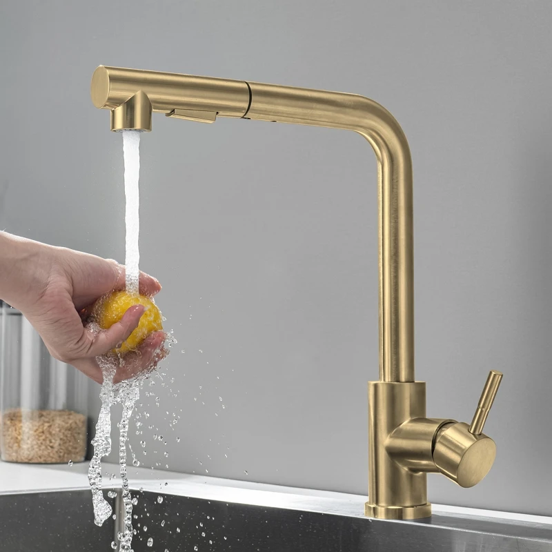 Grifo de cocina extraíble de oro cepillado de acero inoxidable 360 °   Mezclador retráctil de rotación para ahorro de agua fría y caliente, grifo para fregadero, pulverizador de corriente