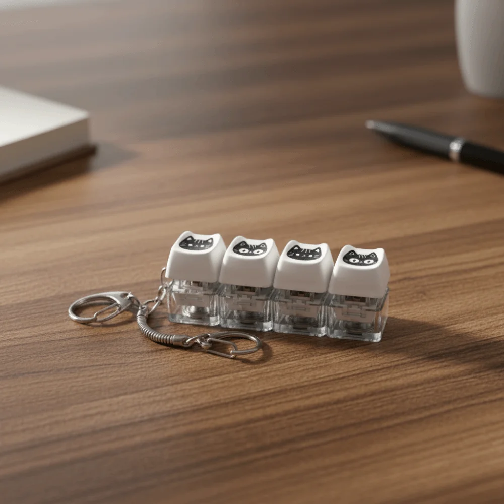 Glowing Black Cat Keyboard Key Chain Crispy Rebound Voice with Metal Buckle Keyboard Keycap Key Chain Transparent Base