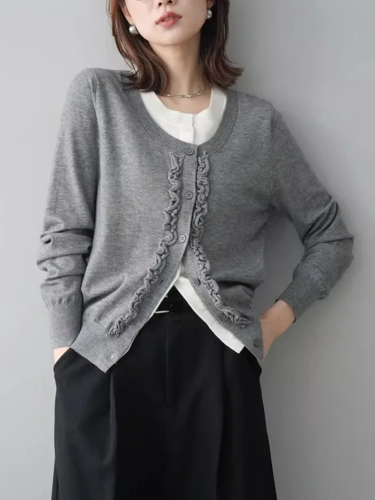 

Японский вязаный кардиган, женский модный осенний топ с деревянными рюшами и цветочным принтом, раздельный дизайн, длинный...