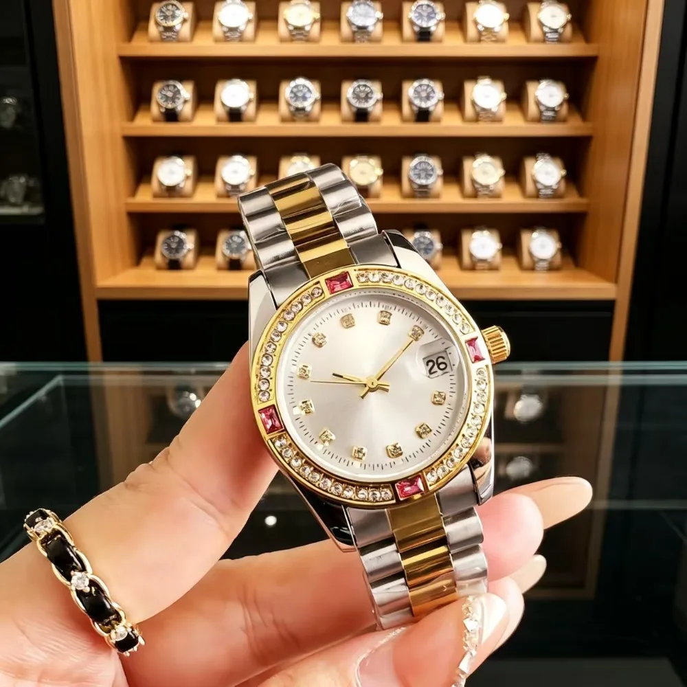 

Two Tone Gold Silver Women Watch Diamond Bezel White Dial Date Function Stainless Steel Bracelet