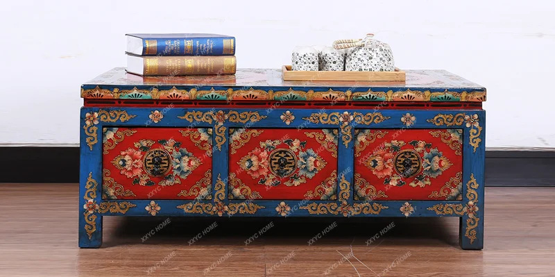 New Chinese coffee table solid wood painted antique square table living room floor cabinet coffee table