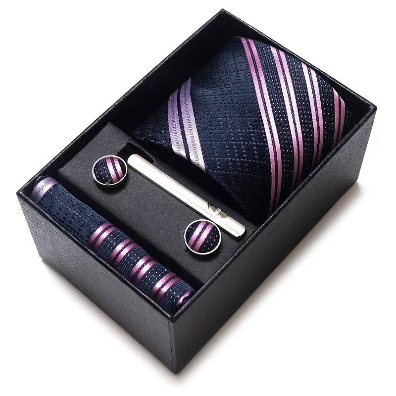 2024 New Tie Handkerchief Cufflink Set for Men Necktie Holiday Gift Box Blue Gold Suit Accessories Slim Wedding Gravatas