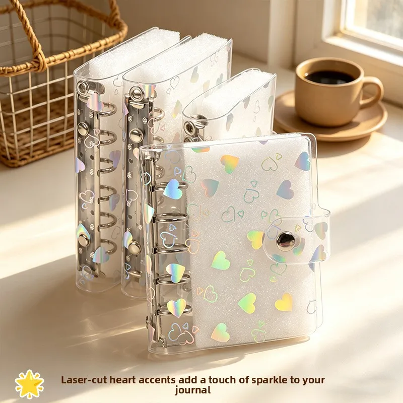 A5 A6 A7 M5 PVC Loose Leaf Binder Colorful Laser Heart Transparent Snap Cover Replaceable Notebook Shell Sticker Binder