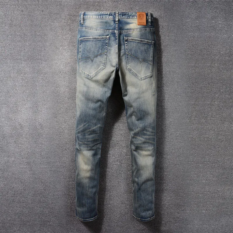 Street Fashion Men Jeans Retro Washed Blue High Quality Embroidery Designer Slim Ripped Jeans Stretch Vintage Denim Pants Men