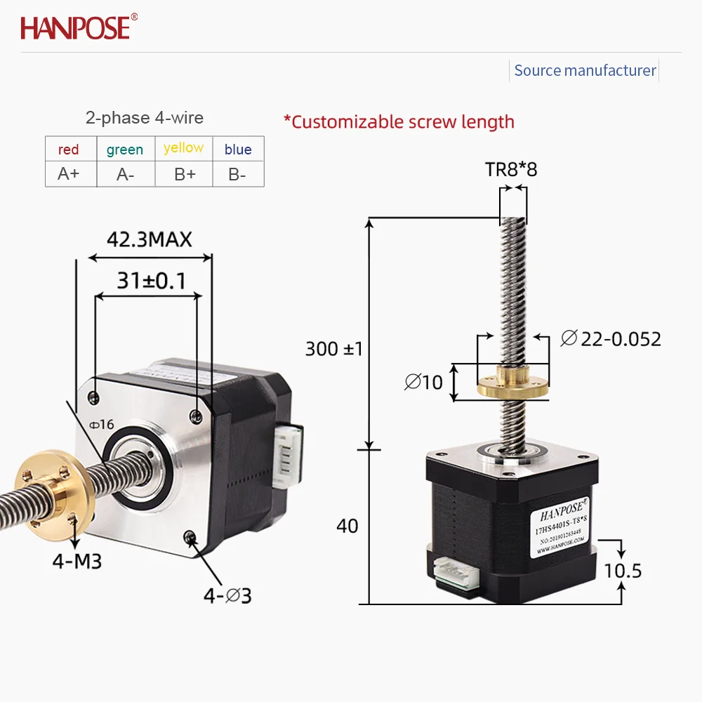 

Screw stepper motor NEMA17 17HS4401S-T8 * 8+TB6600 drive 1.5A 100-400mm trapezoidal screw trapezoidal thread
