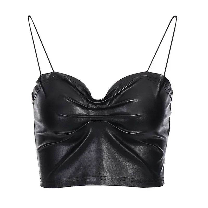 

Women Fashion Leather Camisole Chest Padded Sling Tank Tops Summer Sleeveless Backless Crop Tops Camis Clubwear Tees
