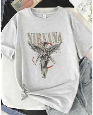 Nirvana Angel T-shirt col rond femme manches courtes mode imprimé haut manches courtes T-shirt