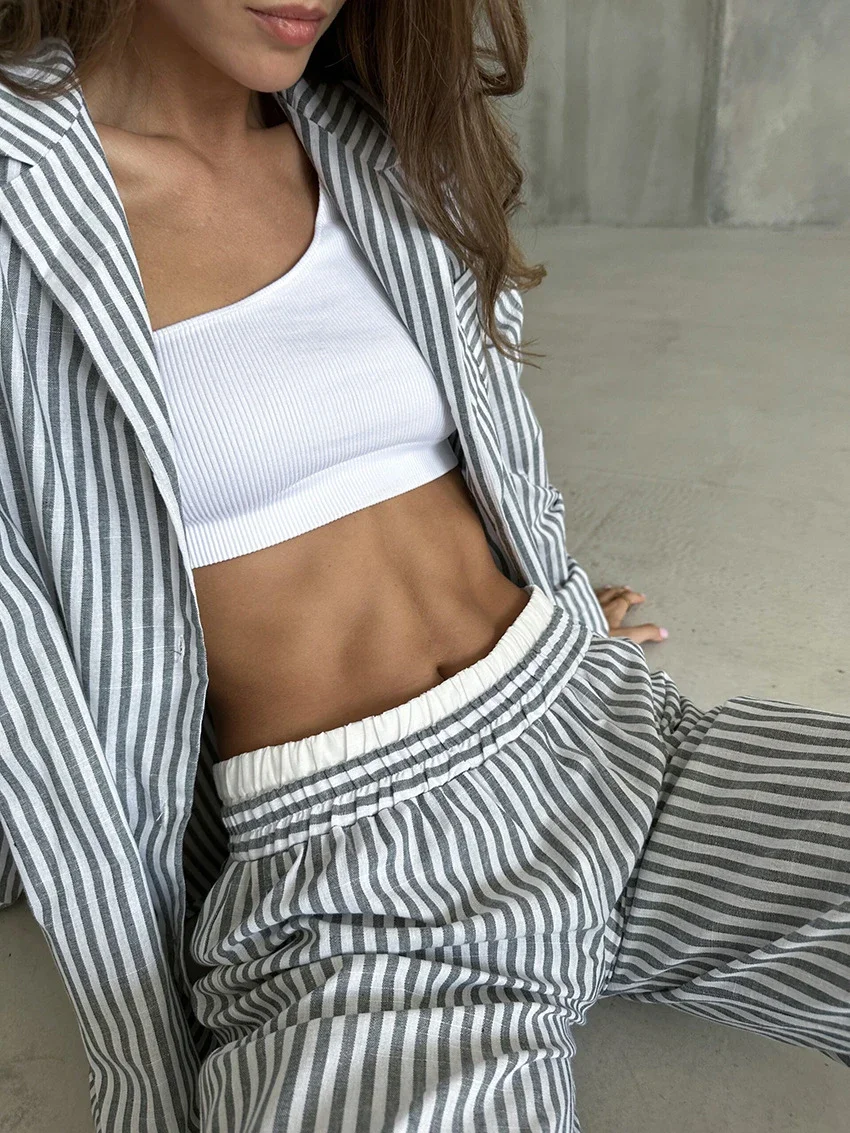 TXii Striped Female Sleepwear Suit Long Sleeve Nightwear Sexy Turn-Down Collar Pajamas Wide Leg Pants Loose Nightgowns Set