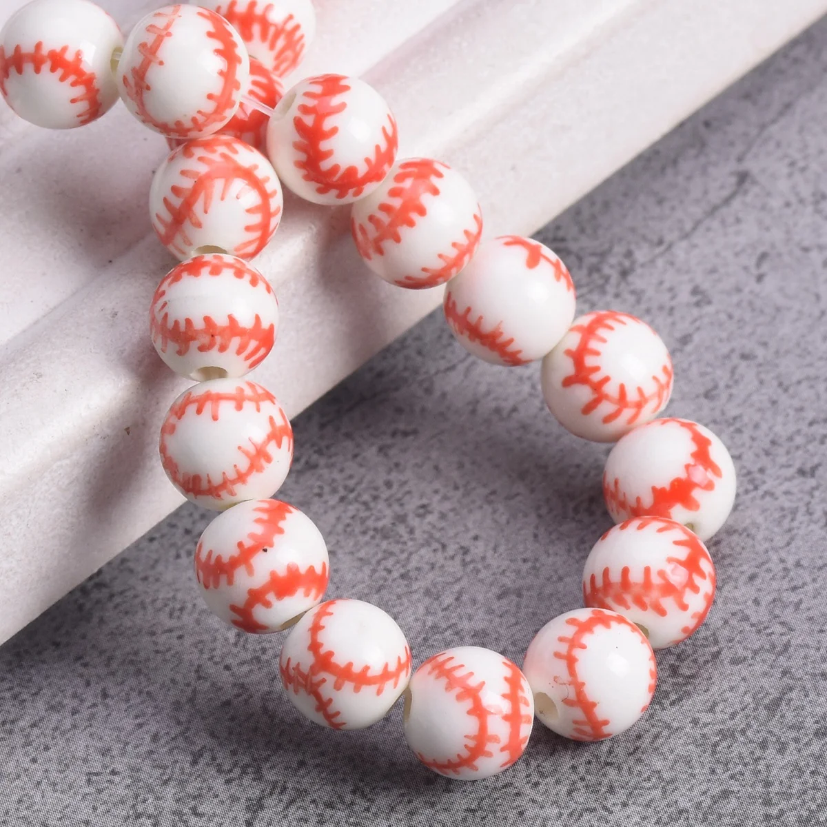 10PCS 8mm Round Baseball Pattern Handmade Painting Ceramci Porcelain Loose Beads For Jewelry Making DIY Bracelet Findings