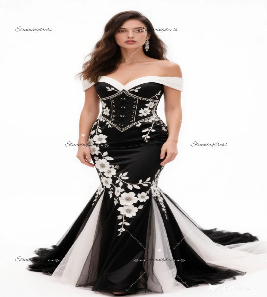 Unique Black White Mermaid Wedding Dress Gothic Off-Shoulder Lace Bridal Skirt for Halloween Garden Country Theme Witchy Beaded