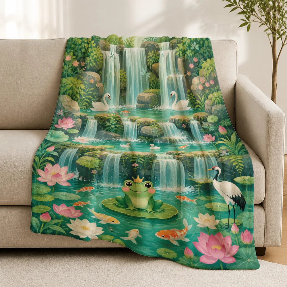 Cottage Core Nature Waterfall Throw Blanket Art for Sofa Lotus Pond Swans Koi Fish Watercolor Bohemian Home Decor