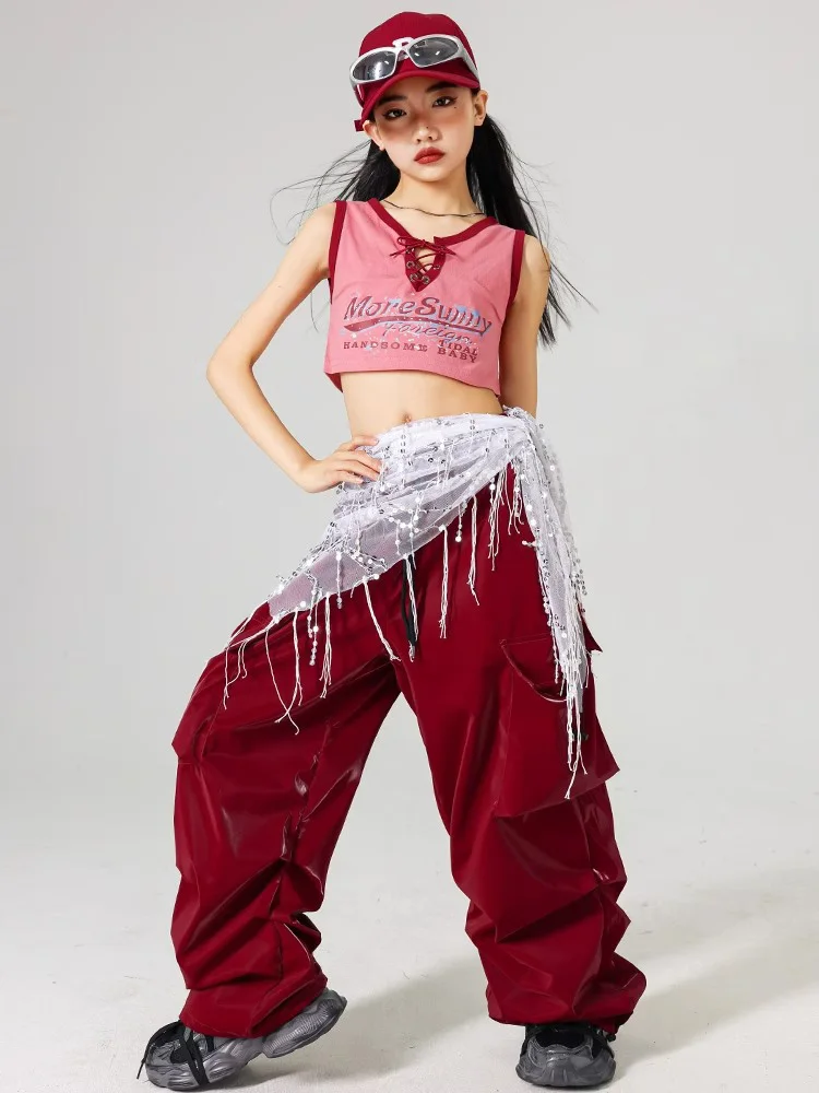 Costume de spectacle de danse Jazz rouge pour filles, vêtements de scène Kpop, pantalon Shuffle Hip Hop, haut court, vêtements de danse de rue à la mode pour enfants