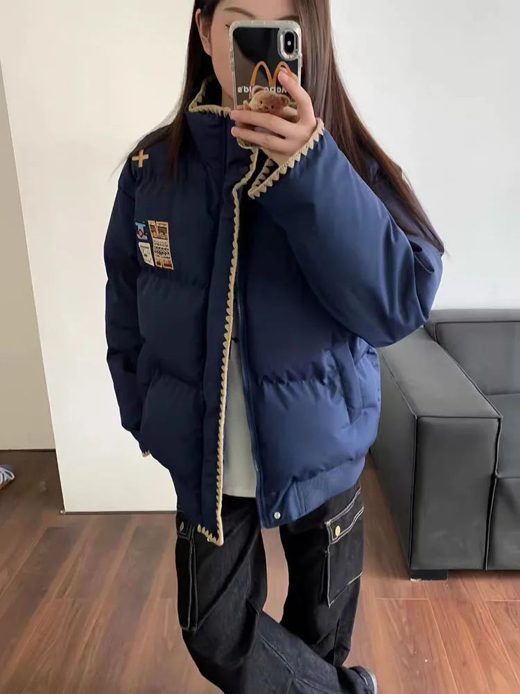 Winter Wear Parka for Women Korean Loose Embroidery Design Padded Jacket Bf Vintage Streetwear All Match Fluffy Outerwear