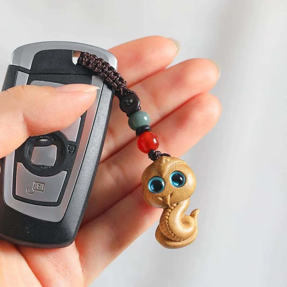 Mini Zodiac Snake Keychain Cyan Eyes Auspicious New Year Carved Pendant Beads Weaving Rope Green Sandalwood Phone Chain Ornament