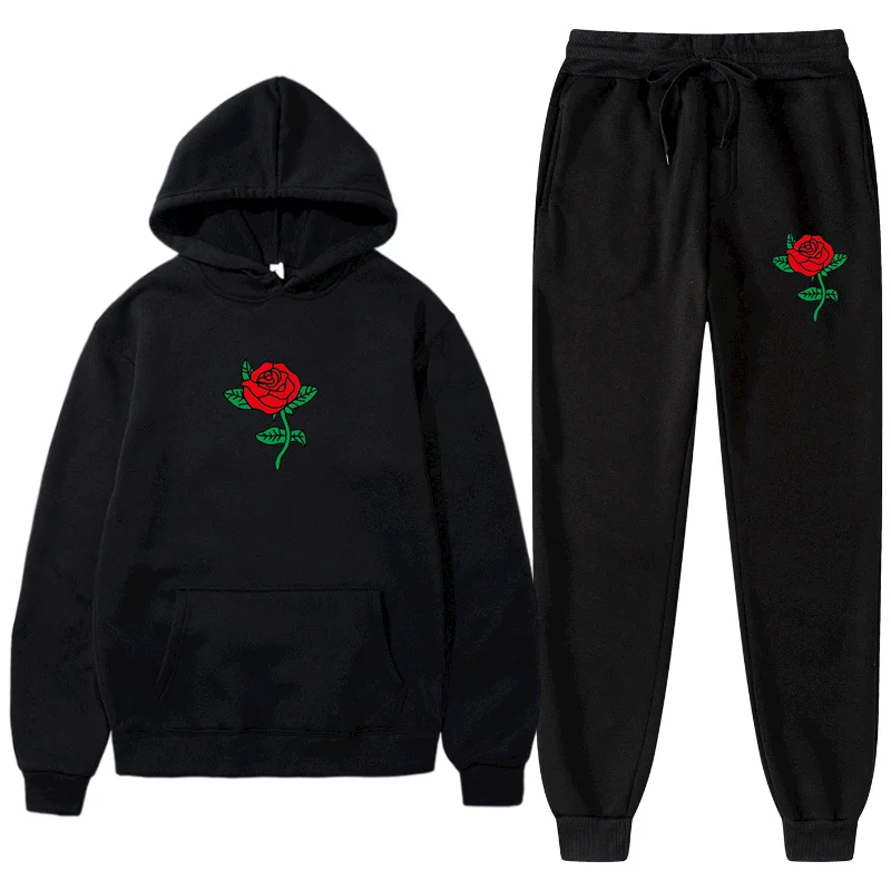 

2-piece Set Hoodies Sweatpants Suit Rose Flower Print Tracksuit Men Women Sweatshirt Suit Fleece Hoodie Pants Jogging Pullover