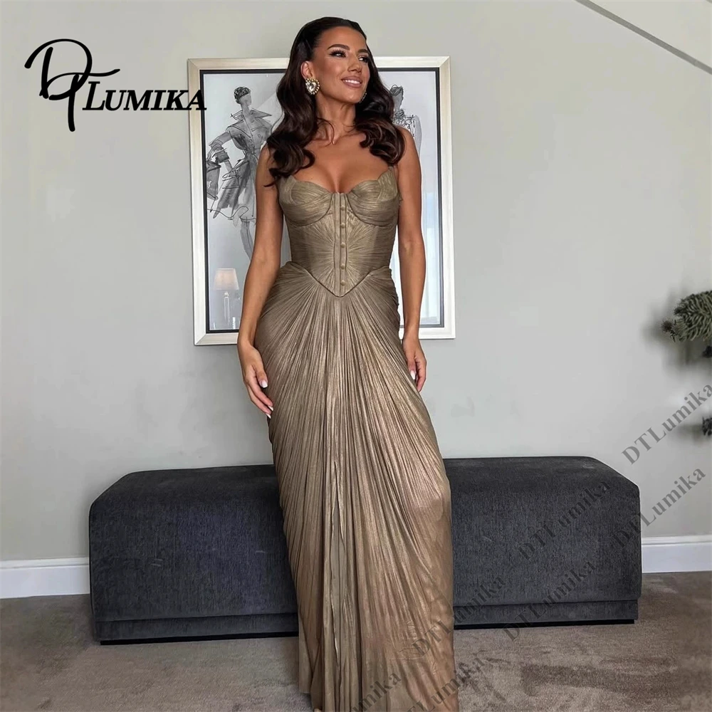 DTLumika Vestido de fiesta sin tirantes con volantes metálicos dorados para mujer, vestido de sirena ajustado para cena, boda, alfombra roja