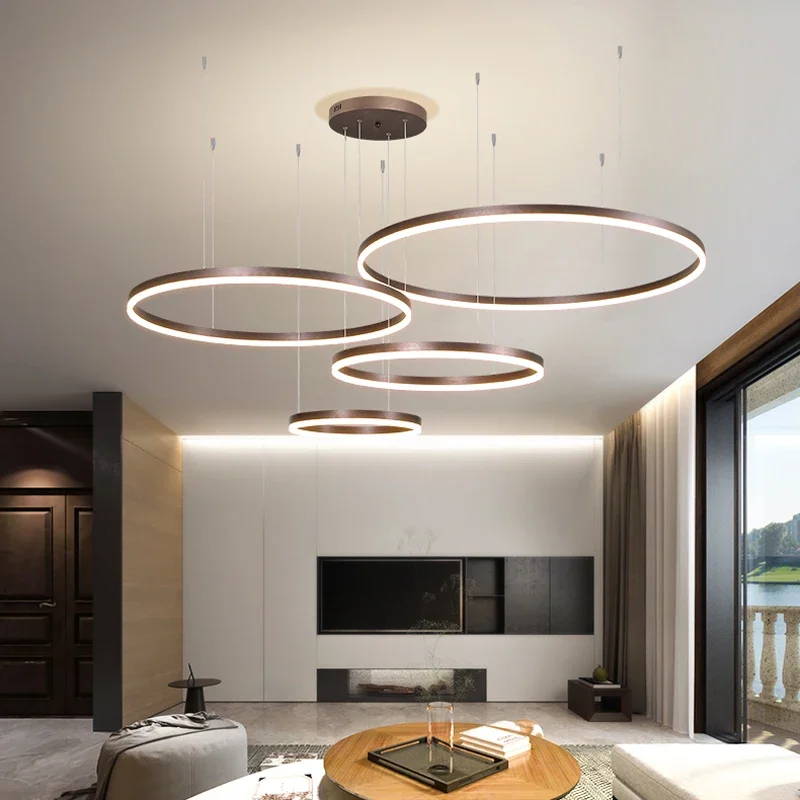 2024 Modern Led Ceiling Chandelier Home Brushed Round Rings Mounted Pendant Lighting Living Room Gold Coffee Color Hanging Lamp